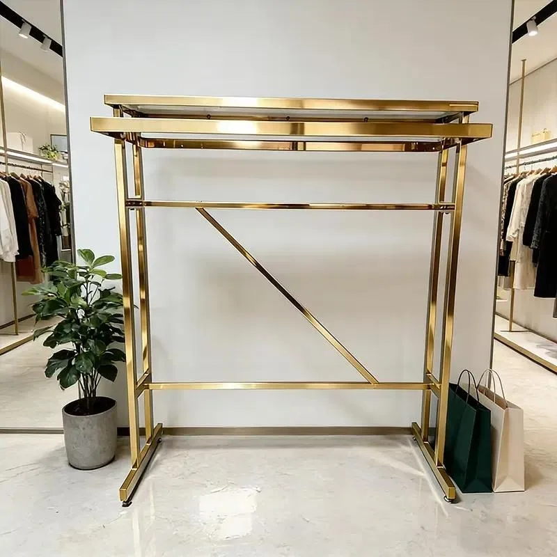 Durable Stainless Steel Double Bar Hanger Sturdy Floor to Ceiling Display Rack with Diagonal Support for In Store