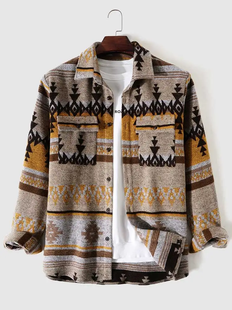 ZAFUL Men\'s Shirts Tribal Geometric Pattern Blend Wool Long Sleeve Warm Shirt Coat Vintage Clothes Shacket Autumn Winter Blouse