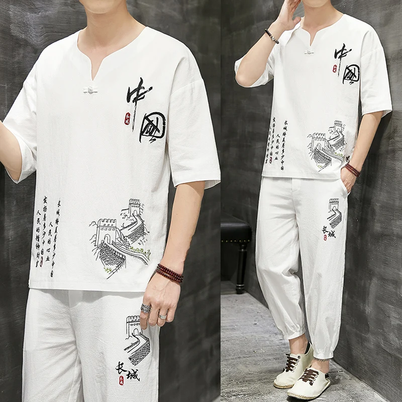 

Men's Summer ort Sve Cotton Linen Loose Fit Two-Piece Set Hanfu Monastic Wear Tang Suit Casual Sportswear Ensemble