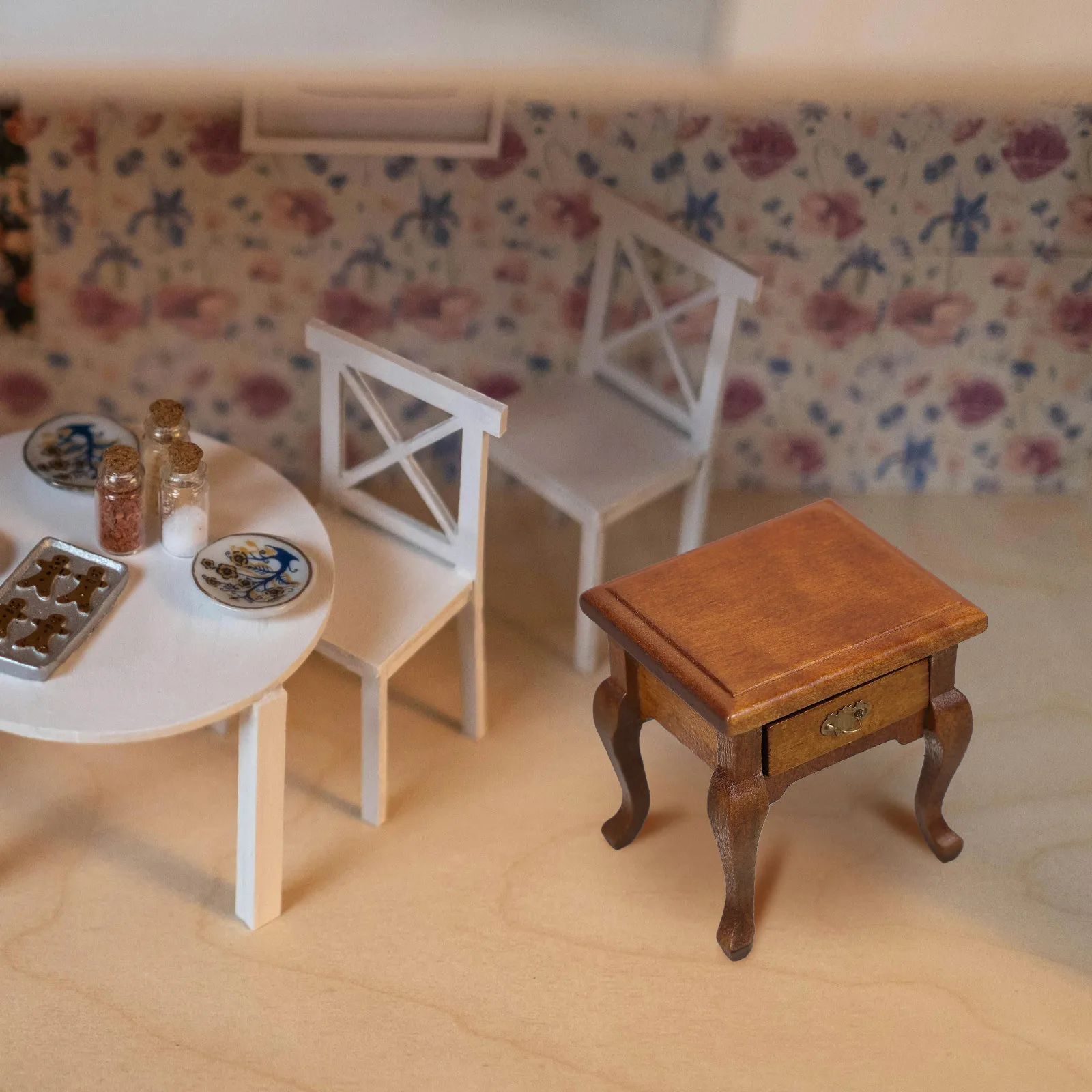 

High Realism 1:12 Scale Wooden Bedside Table French Country Style Functional Drawer Miniature Furniture Accessories