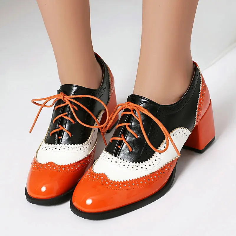 Patent PU Leather White Red Mixed Color Lace-up Square Chunky High Heels Brogues Pumps Plus Size 46 47 48 Green Oxfords Shoes