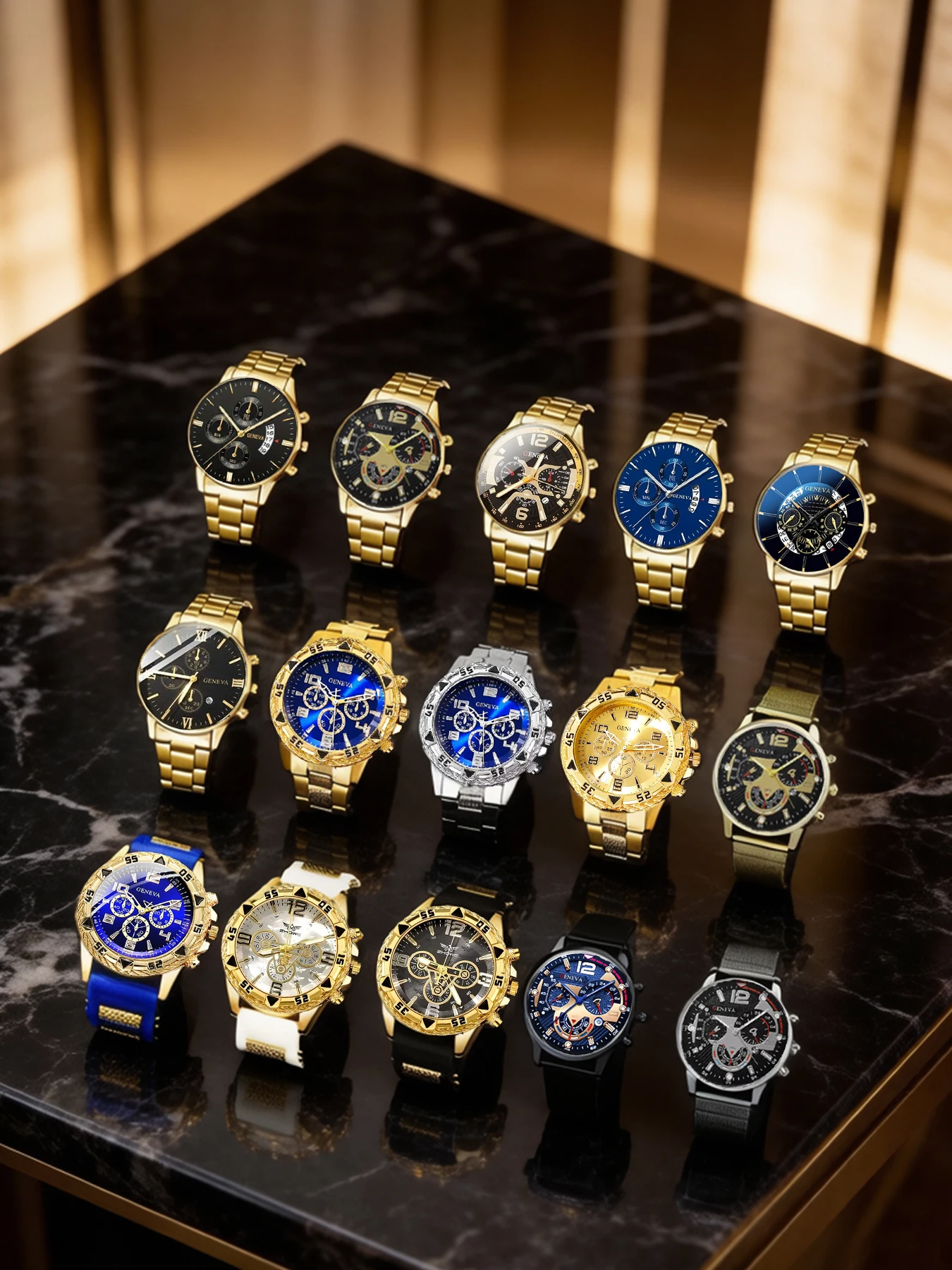 15-Piece Men's Premium Quartz Watch Set with Glass Crystal and Steel Bracelet
