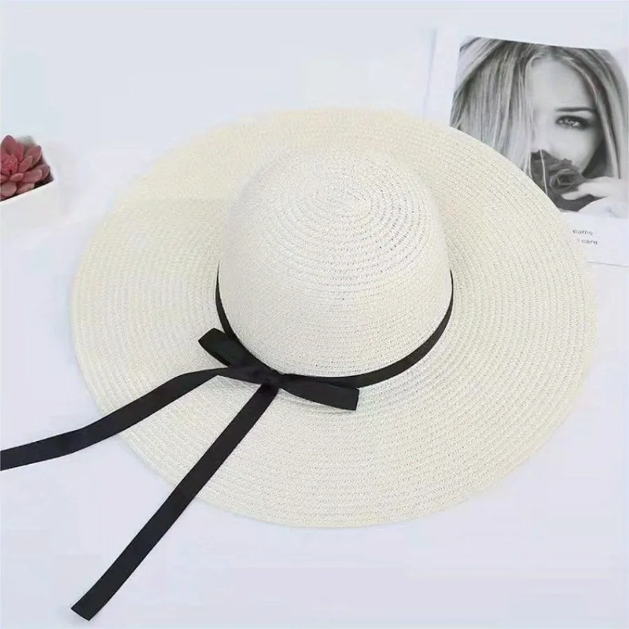 Summer Sunscreen Straw Big Brim Bow Ribbon Hat Solid Handmade Fisherman Hat Creative Dress Up Travel Beach Women Men Bucket Hat