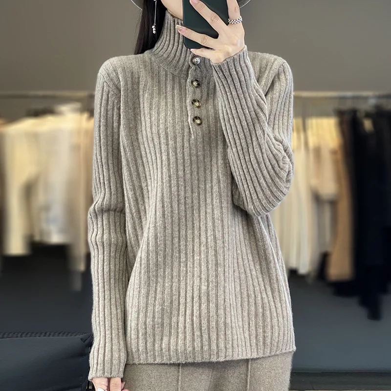 Fall/Winter New 100% Merino Wool Women's Long-sleeved Pullover Turtle Neck Korean Fashion Striped Knit Top  Women's Clothes