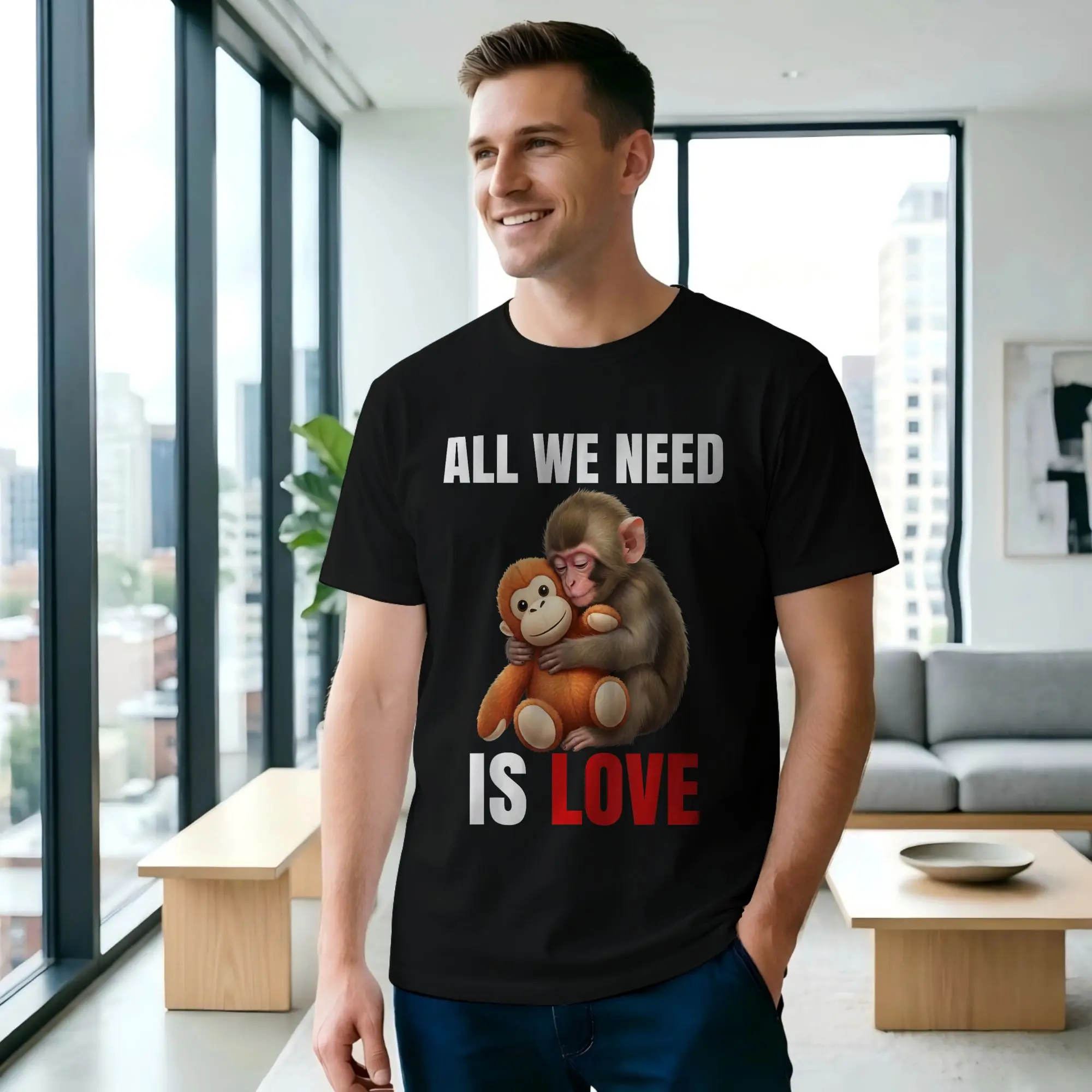 Monkey Punch All We Need is Love T Shirt  Men's T Shirt Punch Monkey  Novelty Tee Shirt Short Sleeve O Neck Cotton T-Shirt