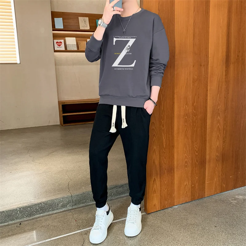Весенне-осенний спортивный пуловер, футболка, брючный костюм, мужской свитшот с круглым вырезом и длинными рукавами с буквенным принтом, модные спортивные штаны, комплект из 2 предметов