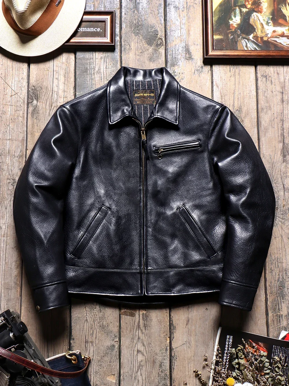 Tailor Brando Full Grain Uncoated Cowhide Men's Lapel Cropped Classic Leather Motorcycle Jacket