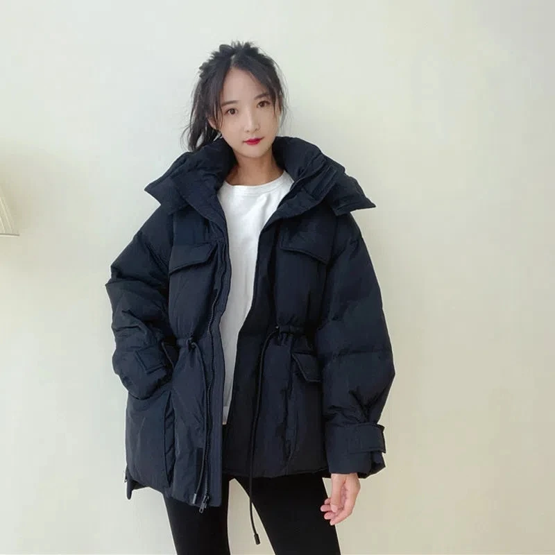 

2022 New waist down jacket women's middle long hooded fashion thickened fluffy white duck down loose coat