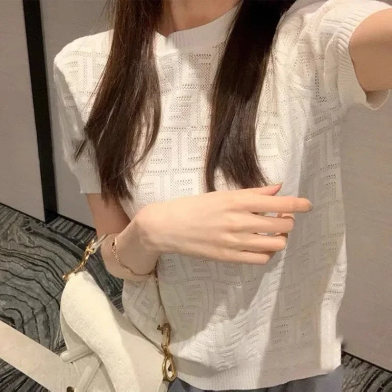 Elegant Short Sleeves Knitted Top Women's 2024 Spring Summer New Style Versatile Thin Pullover Crew Neck Sensibility Lazy T-shir