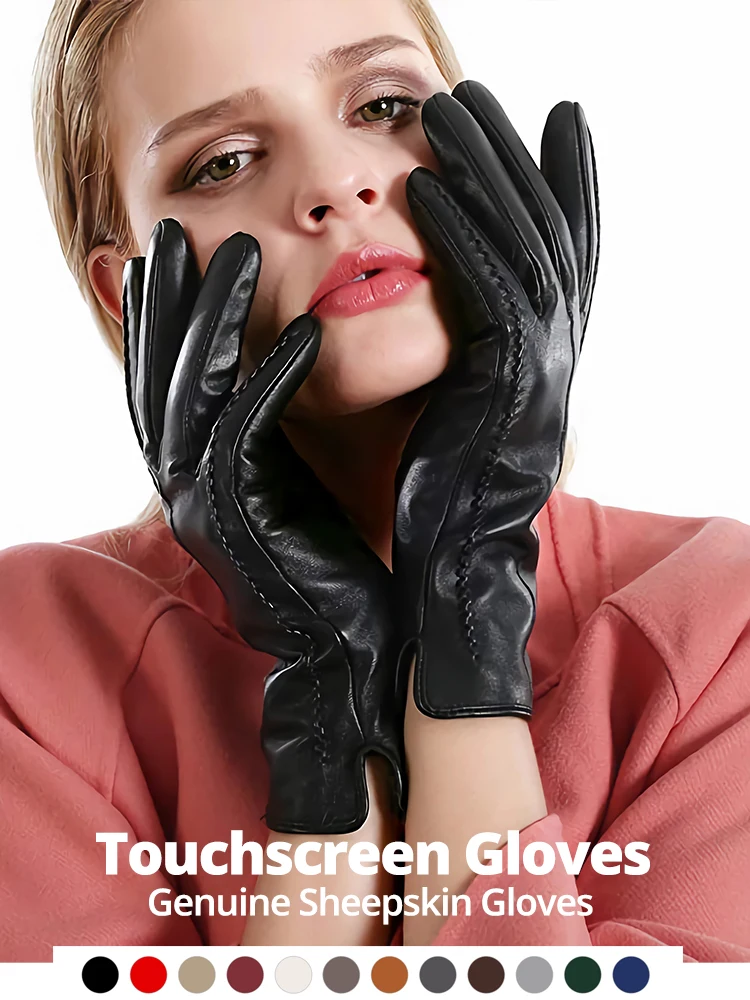 

1 pair classic fashion women's gloves light warm touch screen gloves leather driving sheepskin winter gloves Threading design
