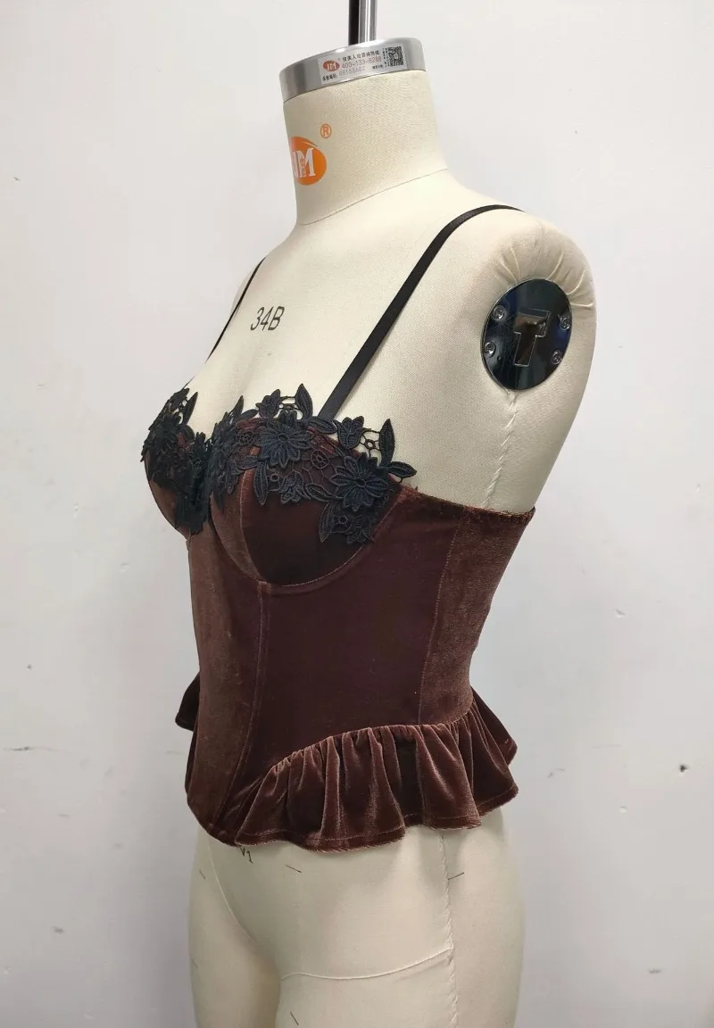 Vintage dentelle Appliques volants ourlet Vevelt Camisole culture hauts femmes mode Sexy à armatures arête de poisson mince Corset Camis gilets