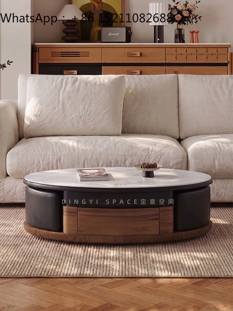 LLY medieval style liftable microcrystalline stone living room storage solid wood oval coffee table