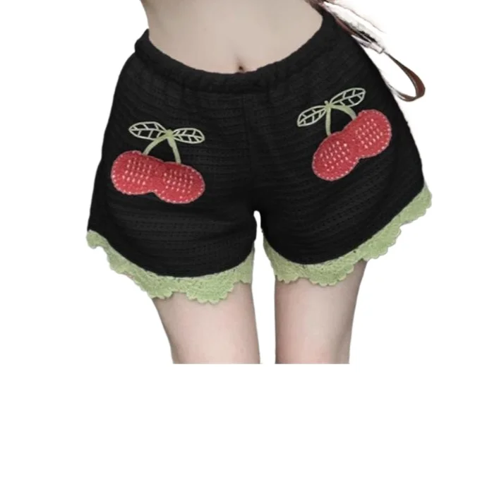 

Woman cherry Shorts Embroidery Shorts Women Summer Embroideried Cotton Short Pants