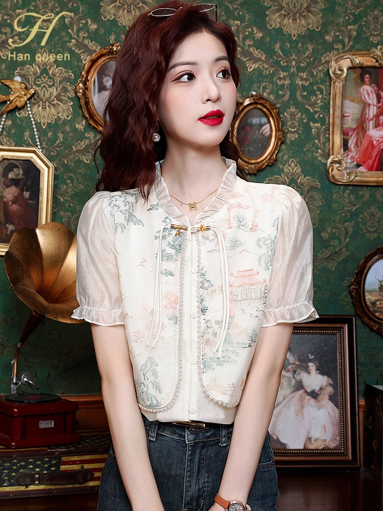 H Han Queen Women\'s Sumer Clothes Blouses Korean Chic Embroider Chiffon Blouse Work Casual Top Simple Vintage Short Sleeve Shirt