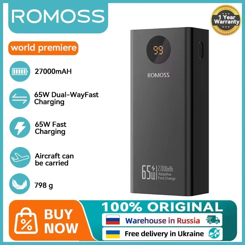 ROMOSS Powerful Power 27000mah Bank 65W PD30W Fast Charging PEA27S PRO External Battery For Xiaomi 14 Xiaomi  iphone 15 Laptop