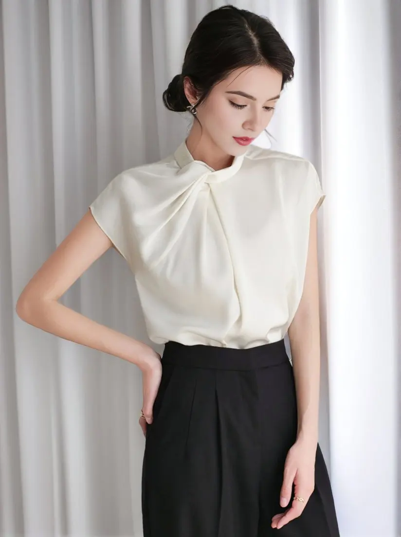 New 2024 Summer Chiffon Blouse For Women Stand Collar Short Sleeve White Shirts & Blouses Korean Fashion Ladies Tops Hot Sale