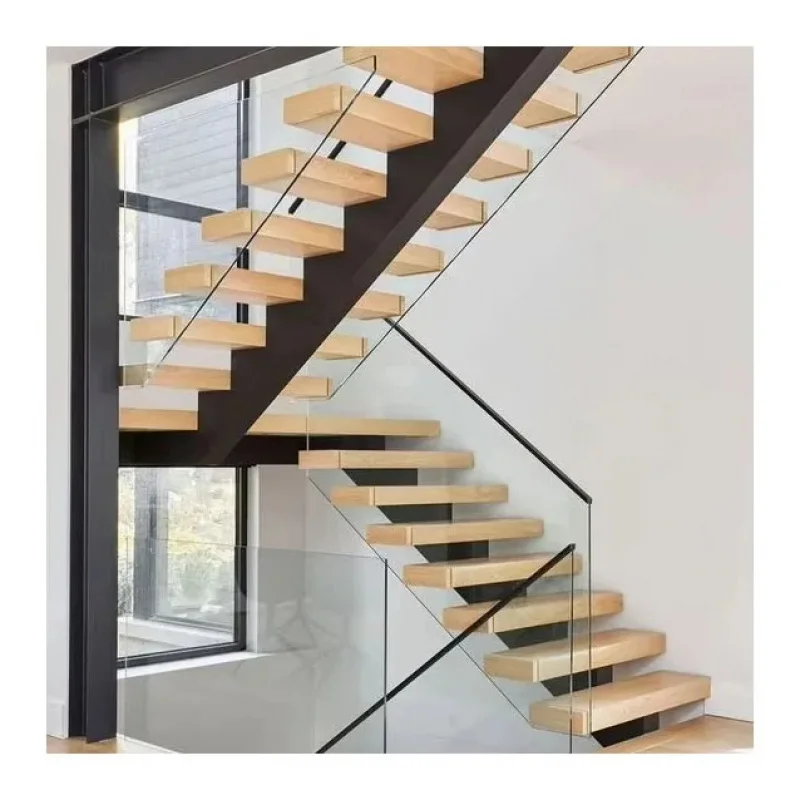 custom.American Style L-shape White Oak Wood Open Tread Step Stairs Cantilever Carbon Steel Stringer Straight Stairs with Glass