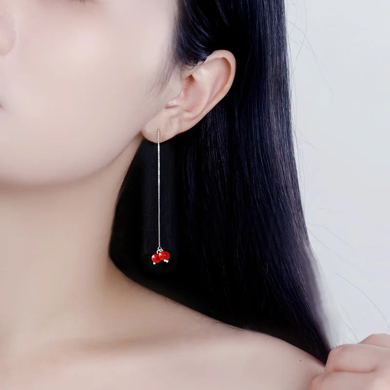 Sweet Lovely Red Bean 925 Sterling Silver Long Korean Style Earring Dangle Drop Ear Jewelry Simple Fashion Accessory