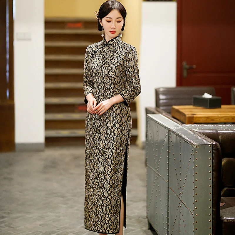 Cheongsam and Dress  Old Shanghai Wear Artistic Hanfu Party Lady Jacquard Vintage Printing