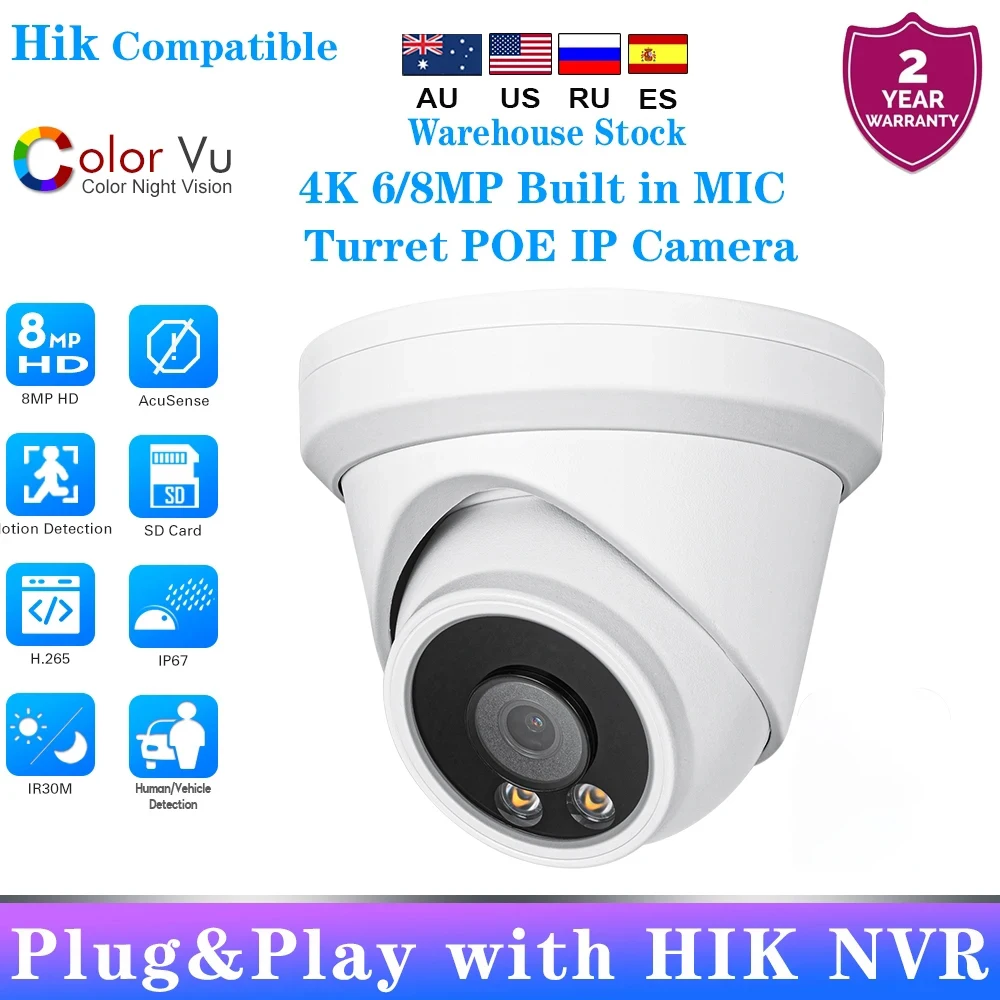 

Hikvision Compatible 8MP Turret POE IP Camera Human Vehicle Detection Built in MIC Home CCTV Outdoor Security Camera Onvif IP66
