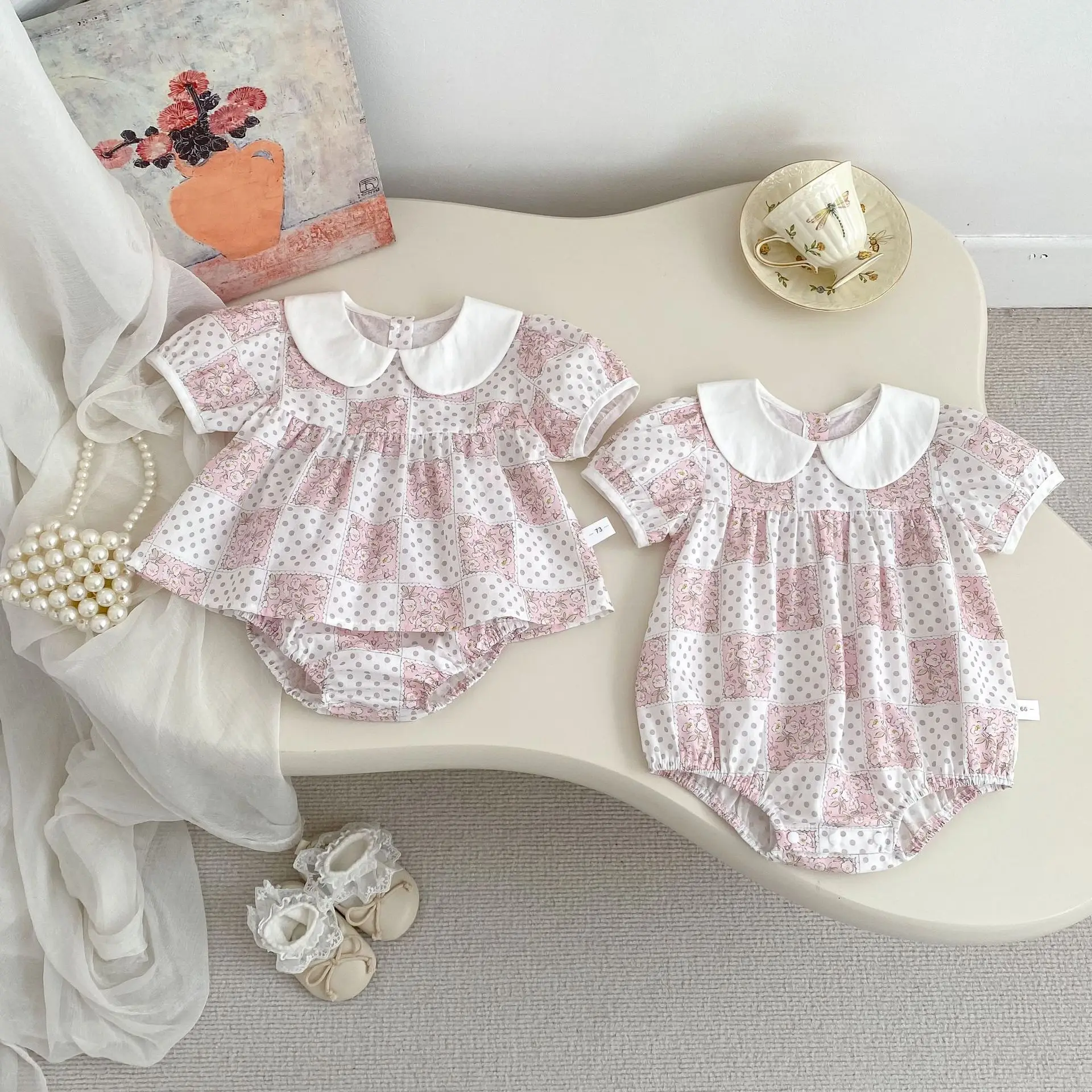 

Новый летний комбинезон-боди для девочек 0-24 месяцев с цветочным принтом и воротником Питер Пэн, хлопковая одежда для малышей, 2026 год