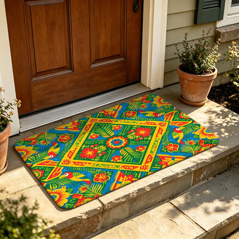 Boho Geometric Floral Parrot Pattern Felt Door Mat Ethnic Style Entryway Rug Non-slip Washable Door Mat