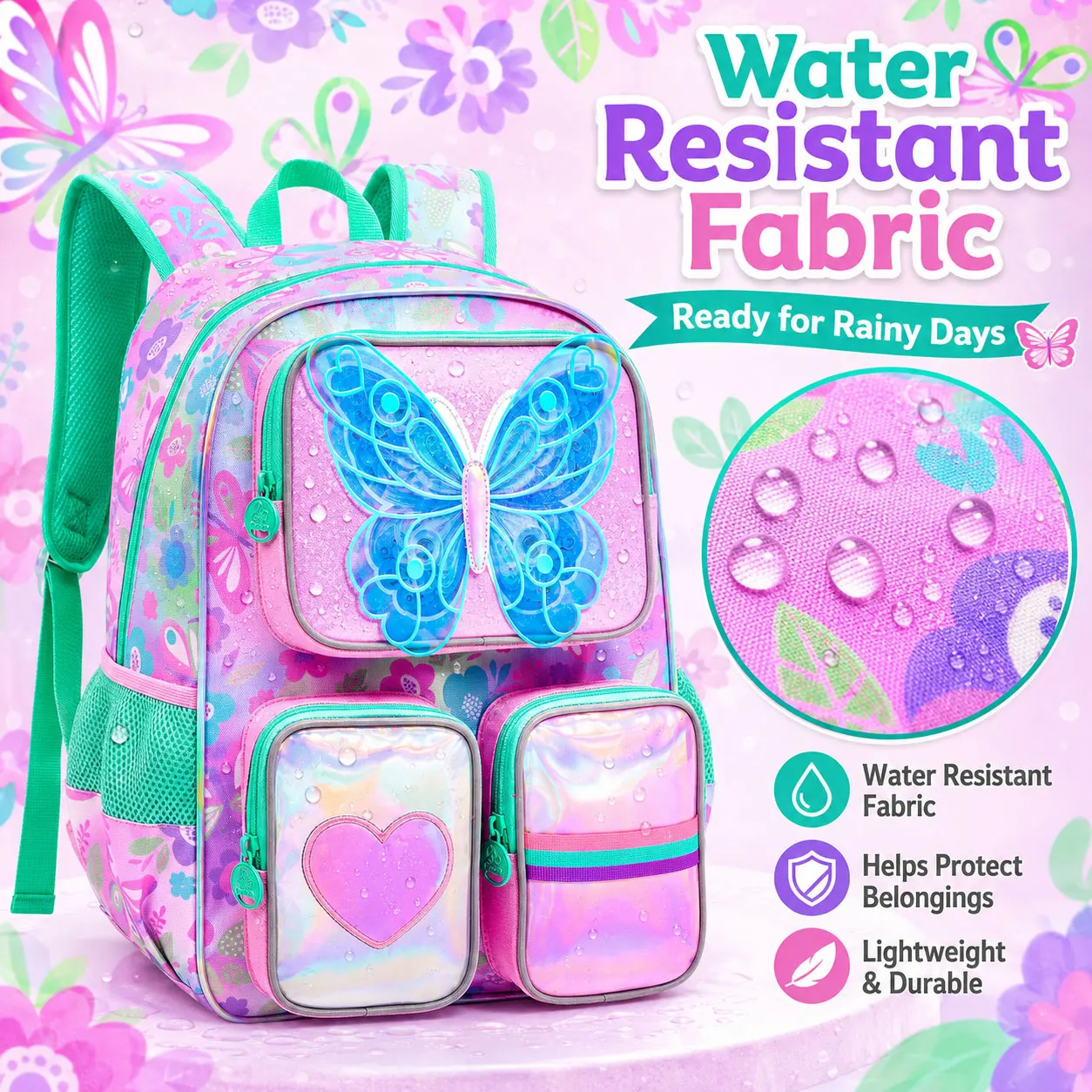 3PCS 16in Girls Backpack Set, UV Print Fingerprint Butterfly School Bookbag with Handbag & Pencil Case