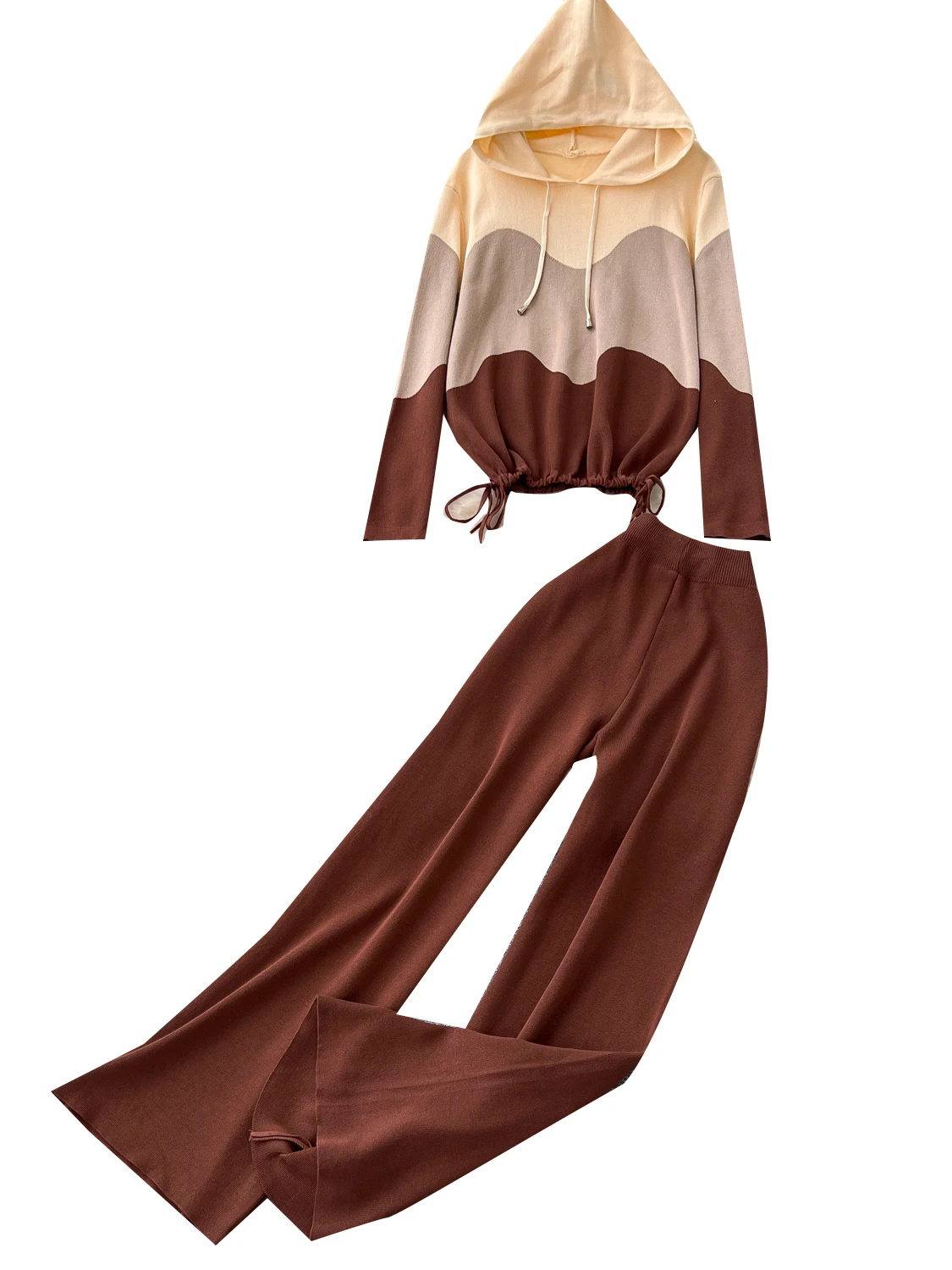 Laid-ba Sle Set maglione lavorato a maglia da donna Pantaloni larghi a gamba larga Felpa con cappuccio lunga Sve Vita alta Autunno Inverno Faion Ensemble
