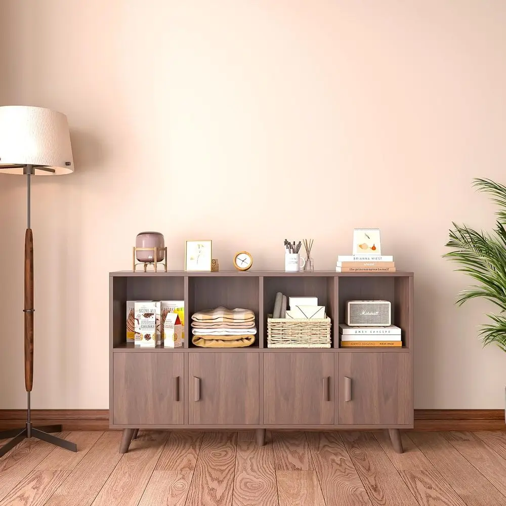 Walnut 8-Cube Open Bookshelf with Solid Wood Legs and 2-Tier Storage Cabinet