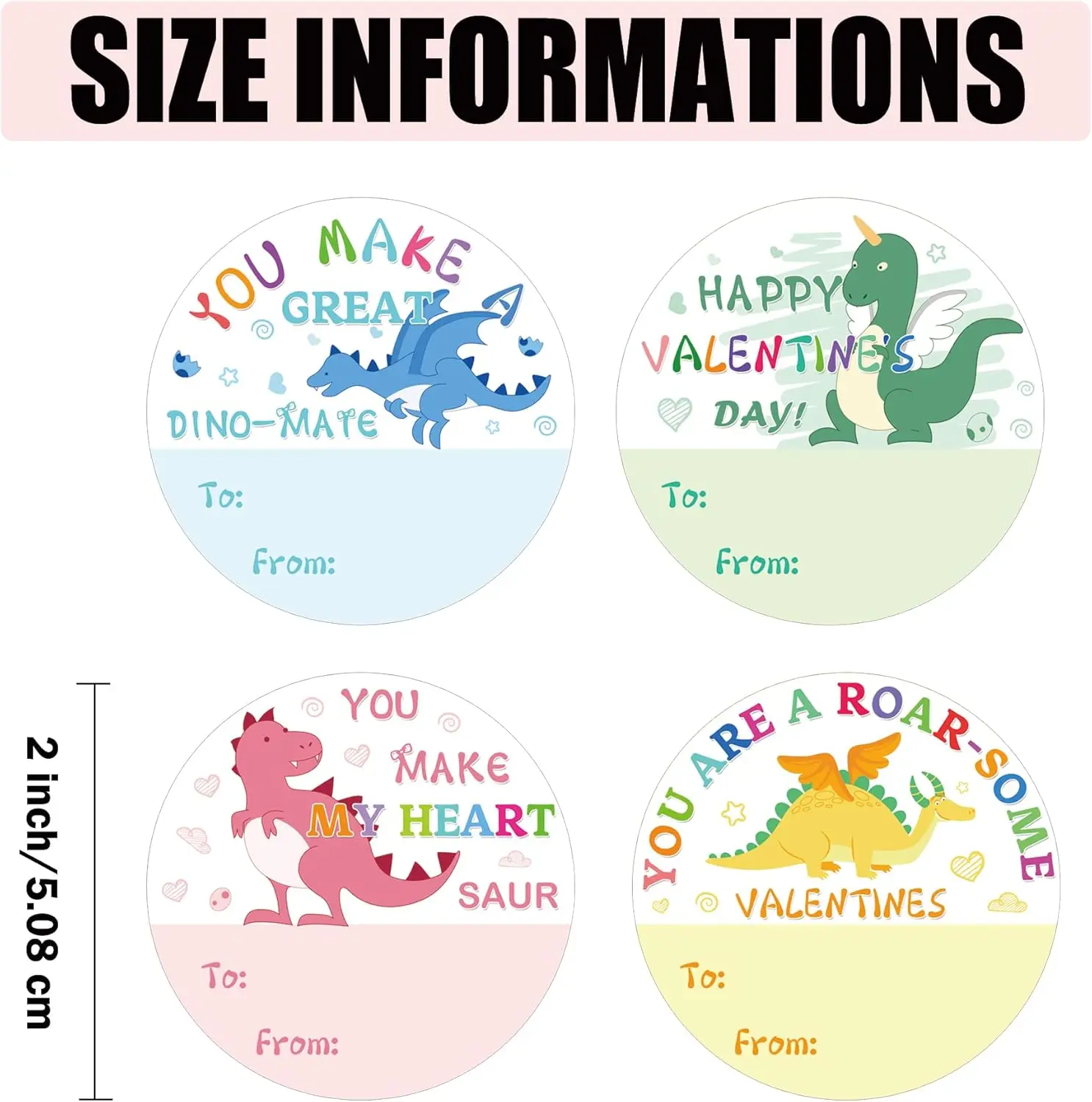 Valentines Sticker 2 inch to from Happy Valentine's Day Stickers Classroom Dinosaur Themed Valentine's Day Labels Tags