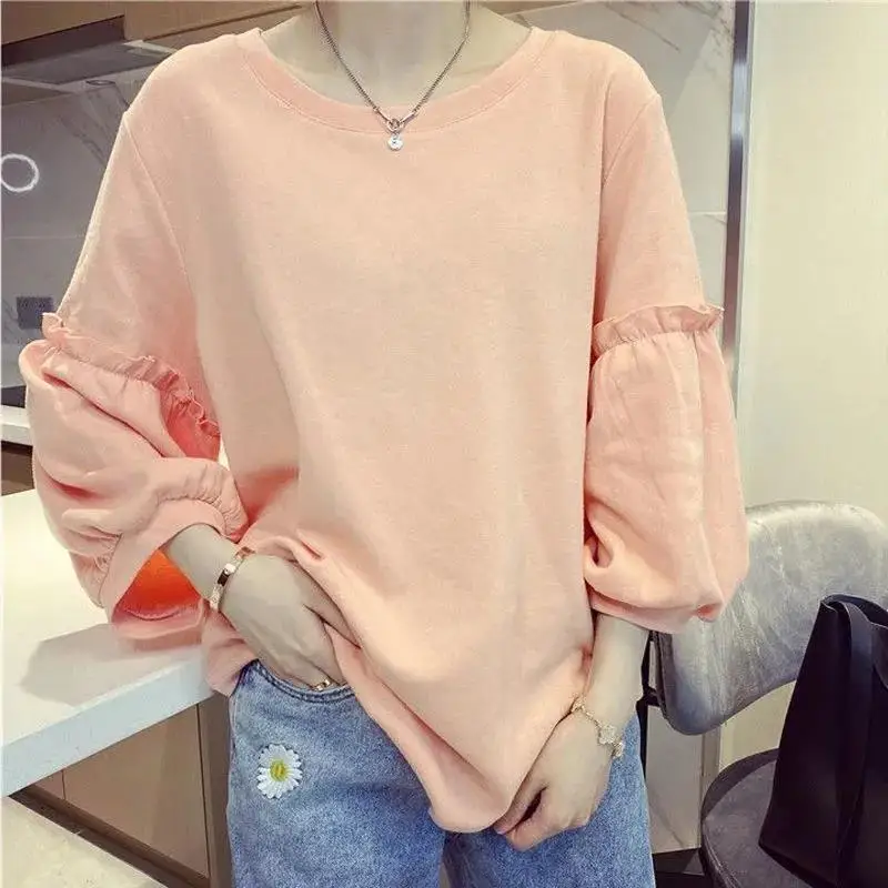 Korean Fashion Autumn New Women's O-Neck Solid Color Ruffles Puff Sleeve Simplicity Chic Casual Long Sleeve Loose T-Shirts Tops