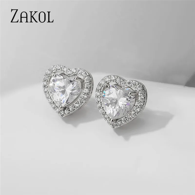 ZAKOL Shiny Heart Cubic Zirconia Stud Earring for Women Fashion Sliver Color Wedding Engagement Party Earrings Jewelry EP2881