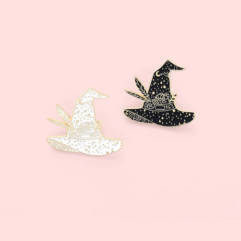 Witch Hat Enamel Pin Black White Wizard Brooch Bag Clothes Lapel Pin Badge Dark Punk Gothic Jewelry Gift for Friends