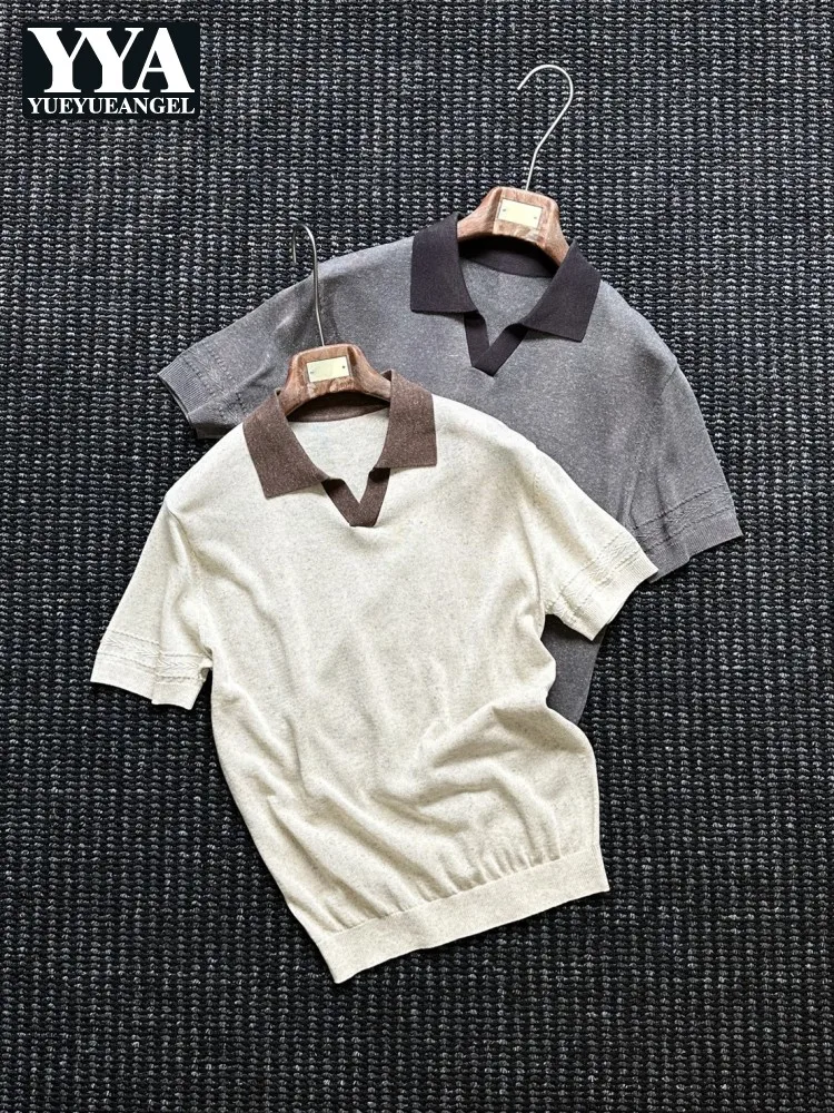 Mens Summer Thin Breathable Comfortable Knitted Tees Male Leisure Pullover Tops Lapel Collar Short Sleeve T-shirt Hot Sale