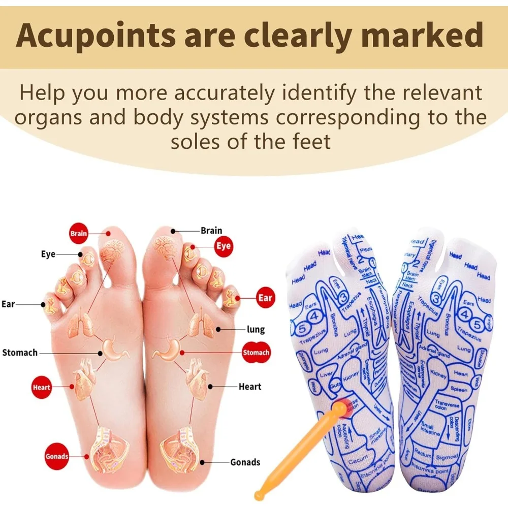 2쌍 반사요법 양말 세트 도구 지압 침술 트리거 포인트 발 통증 완화 요법 지압 마사지 발 관리 도구