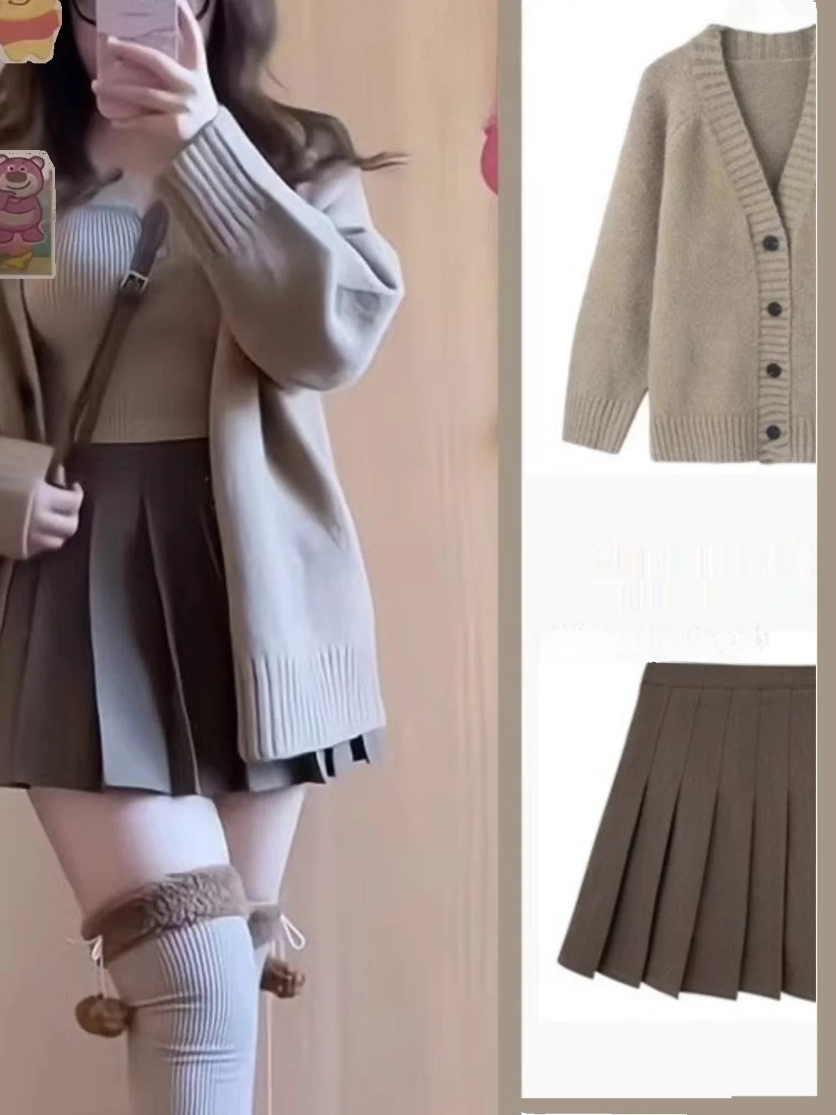 

Fashionable Knit Cardigan Sweater And Pleated Skirt Two-Piece Set Spring Autumn Elegant Ladylike Style Quality Polyester Fabric
