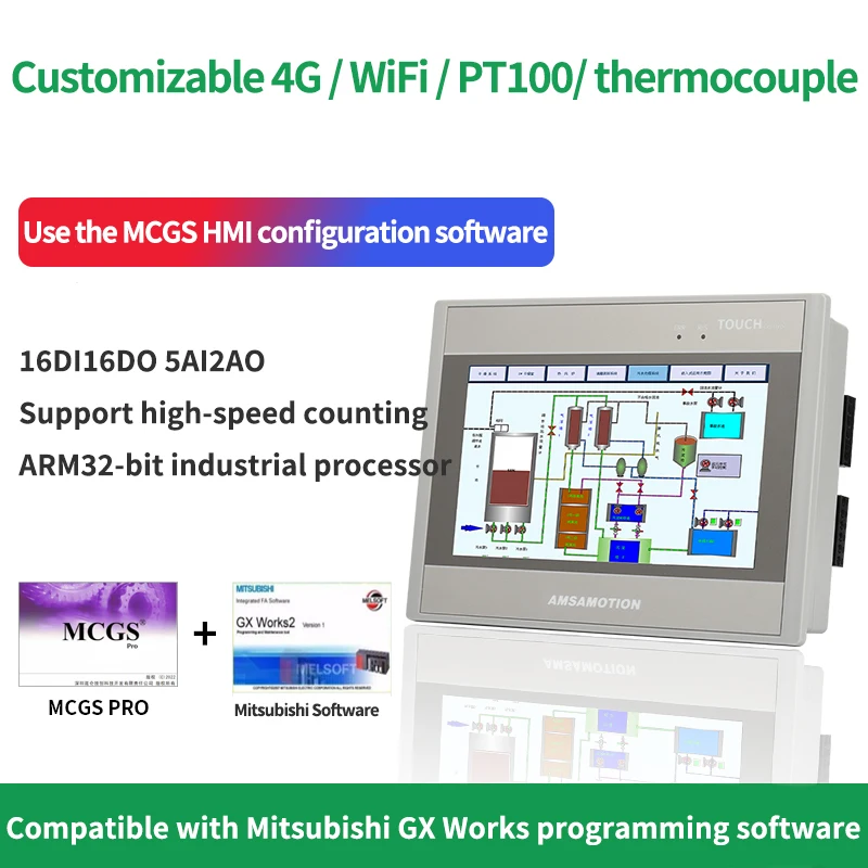 AMSAMOTION new All-in-one Machine 4G Wifi HMI Machine 7'' Inch AMX-FX3U+MCGS Touch Screen 16I 16O 5AI 2AO PT100 MM7A7A-32MR