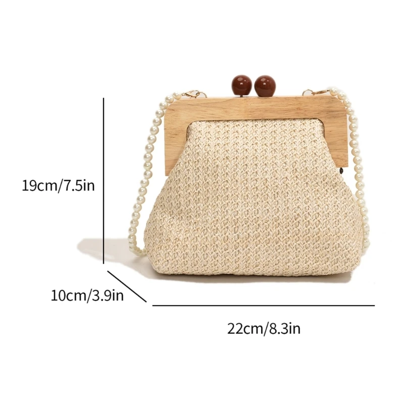 Womens Elegant Woven Straw Crossbody Bag with Pearl Beaded Chain Wood Kiss Lock Clip Small Shoulder Bag Beach Purse