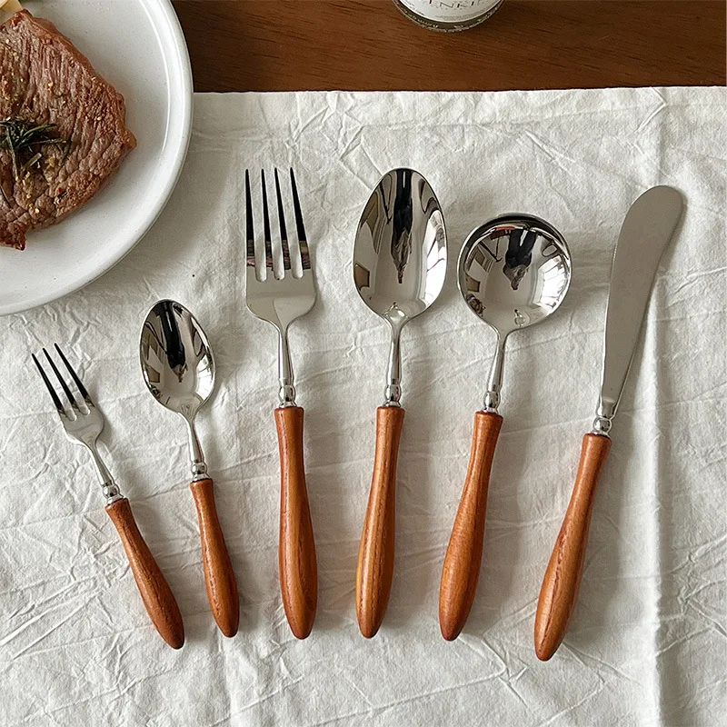 5/6PCS Toon Wood Stainless Steel Cutlery Sets Full Dinner Table Service Natural Fork Spoon Kinfe Wedding Luxury Decoration