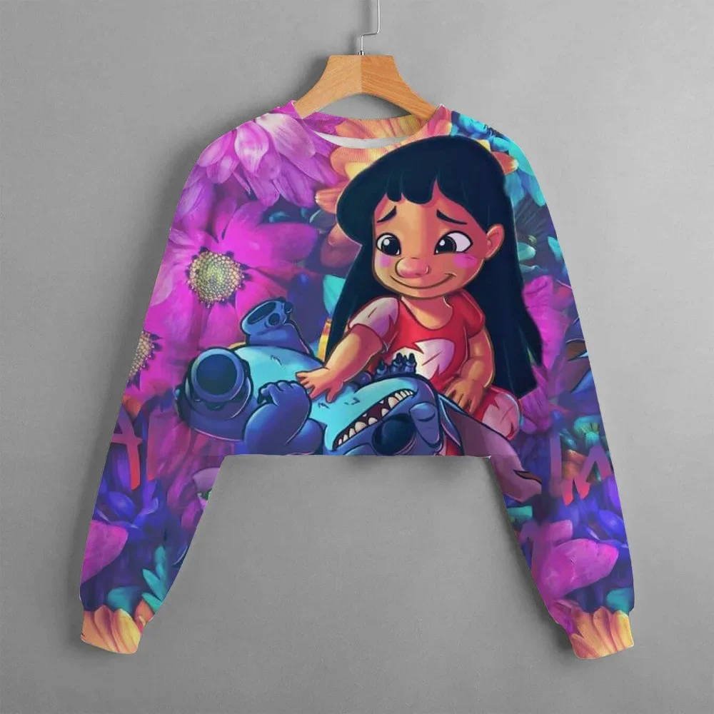 2024 New Disney Spring and Autumn Girls\' Short Sweatshirt Stitch Print Pullover Casual Cartoon Girls\' Dress Top