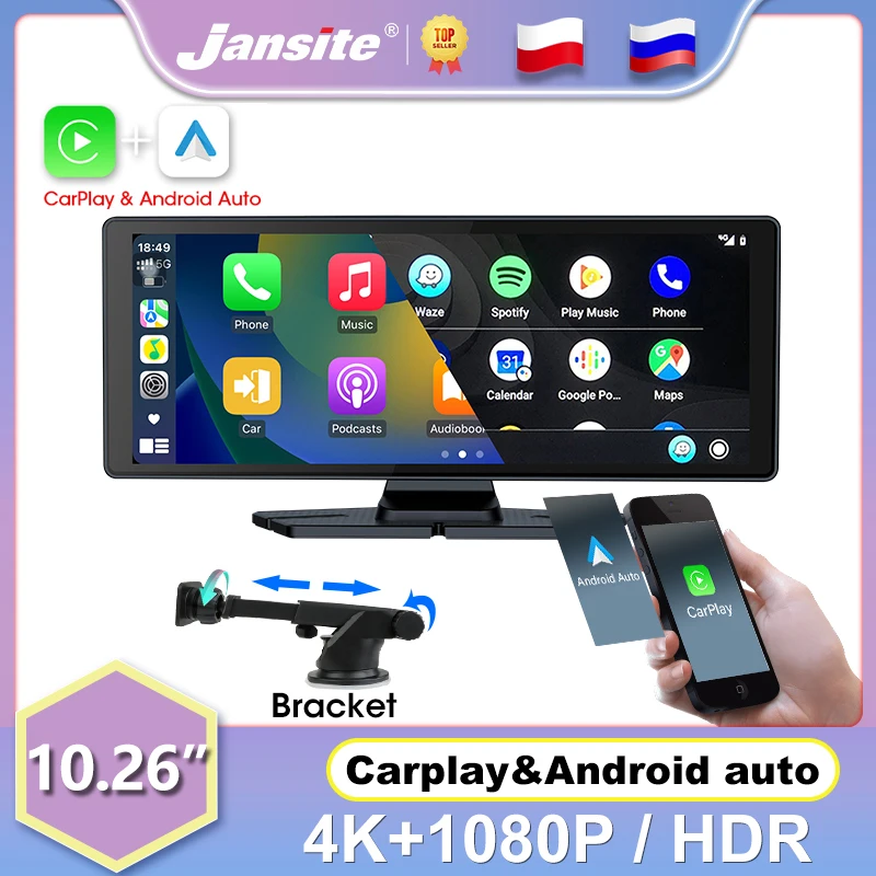 

Jansite Car DVR 4K Dash Cam Mirror Video Player Wireless Carplay Android Auto Bluetooth Dual Lens Rear Camera Recorder Bracket