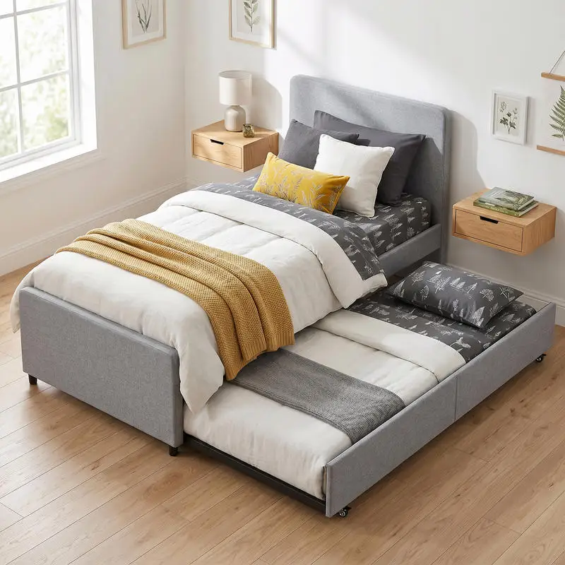 Lit gigogne 90 x 190 cm, cadre de lit simple/double avec sommier à lattes en bois, tête et pieds rembourrés, gris clair
