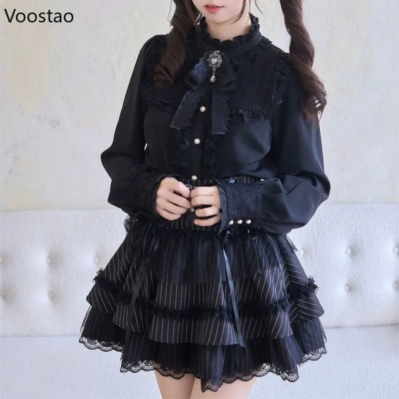 Japanese Dark Gothic Lolita Style Skirt Sets Women Harajuku Y2k Lace Bow Shirt Stripe Mini Cake Skirt Female Sweet Slim Outfits
