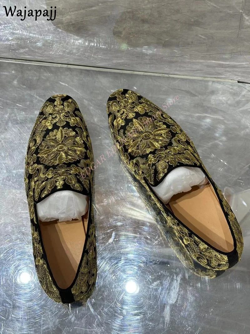 Luxury Gold Embroidery Flower Men's Loafer Shoes Male Slip On Round Toe Low Heel Spring Autumn Man's Party Wedding Show Shoes