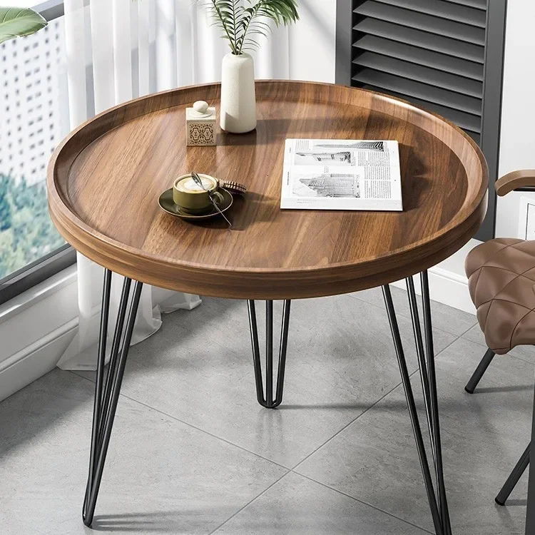 Wooden Countertop Metal Skeleton Coffee Table Furniture Bedroom Living Room Bedside Sofa Side Table Minimalist Small Round Table