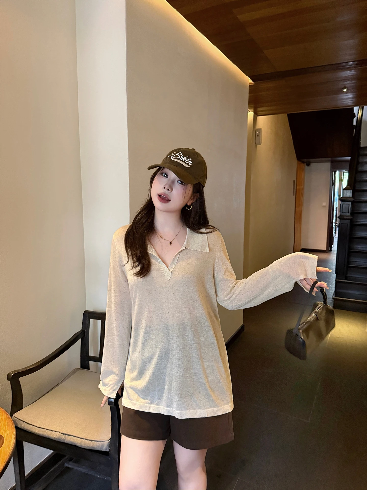 

plus Size Women's Casual Loose Fit Knitted Top Mixed Fibers Linen Blend Thin Long Sleeve V-Neck Color Comfortable Wear