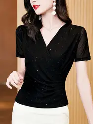 2024 All-match Polished Female T-shirt Shinny Silk Spring Summer Solid Woman M-3XL Shirring Short Sleeves Slim Cross V-neck