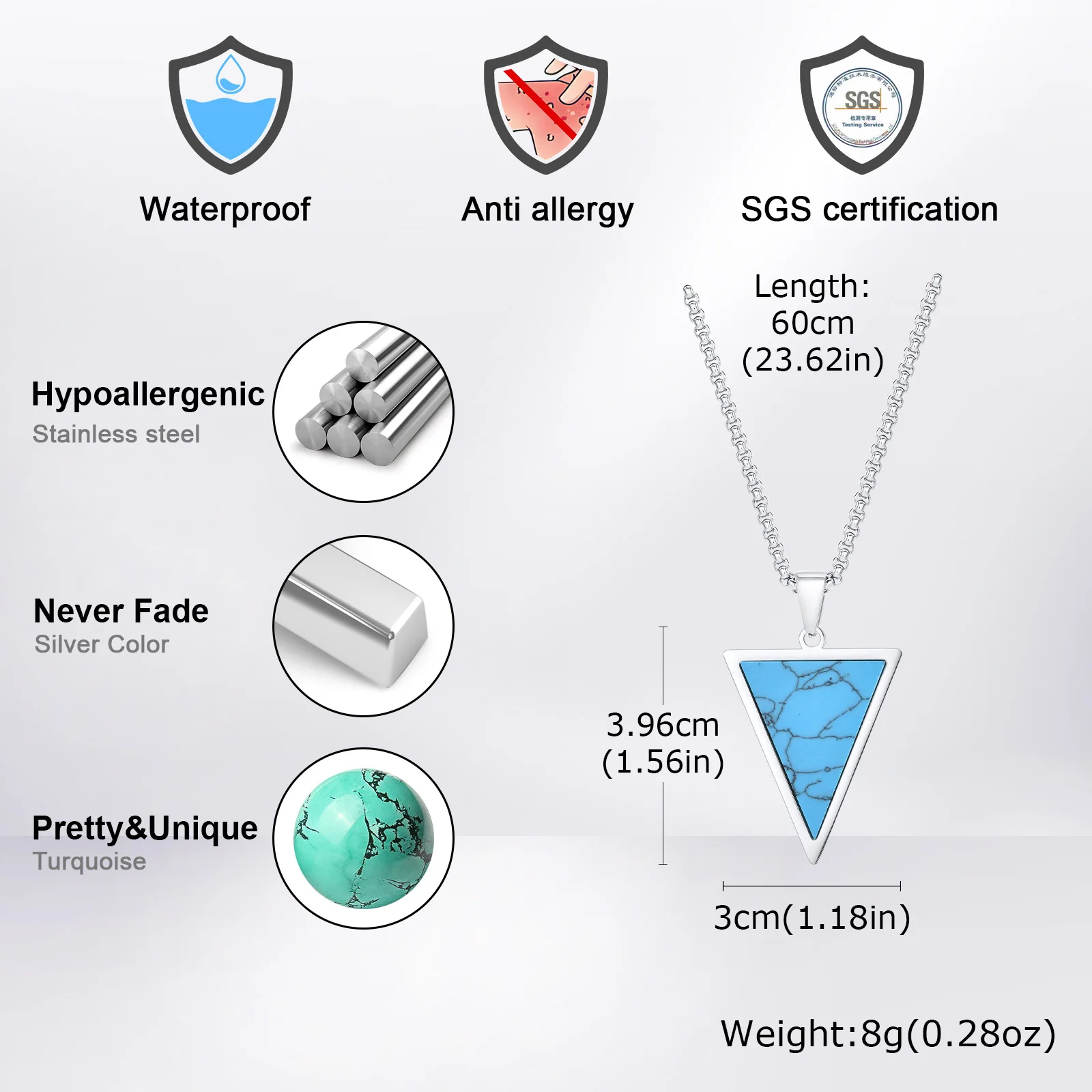 Vnox Inverted Triangle Pendant Necklace for Men Women, Stainless Steel Geometric Pendant with Natural Stone, Simple Cool Jewelry