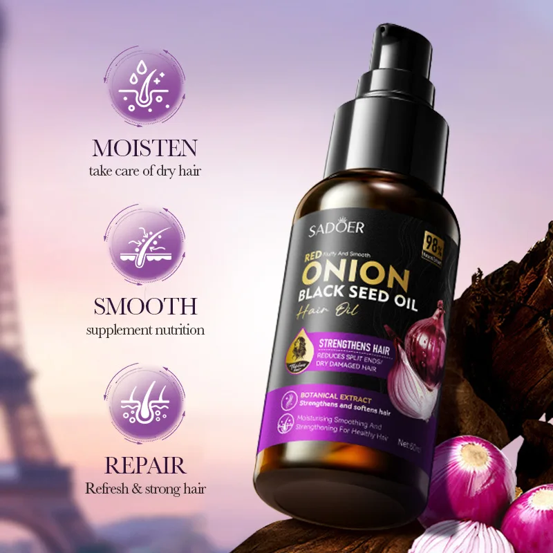 Aceite para el cuidado del cabello con semillas de cebolla y comino negro: esencia nutritiva y suavizante para el cuidado del cabello, controla eficazmente la encrizzidad.