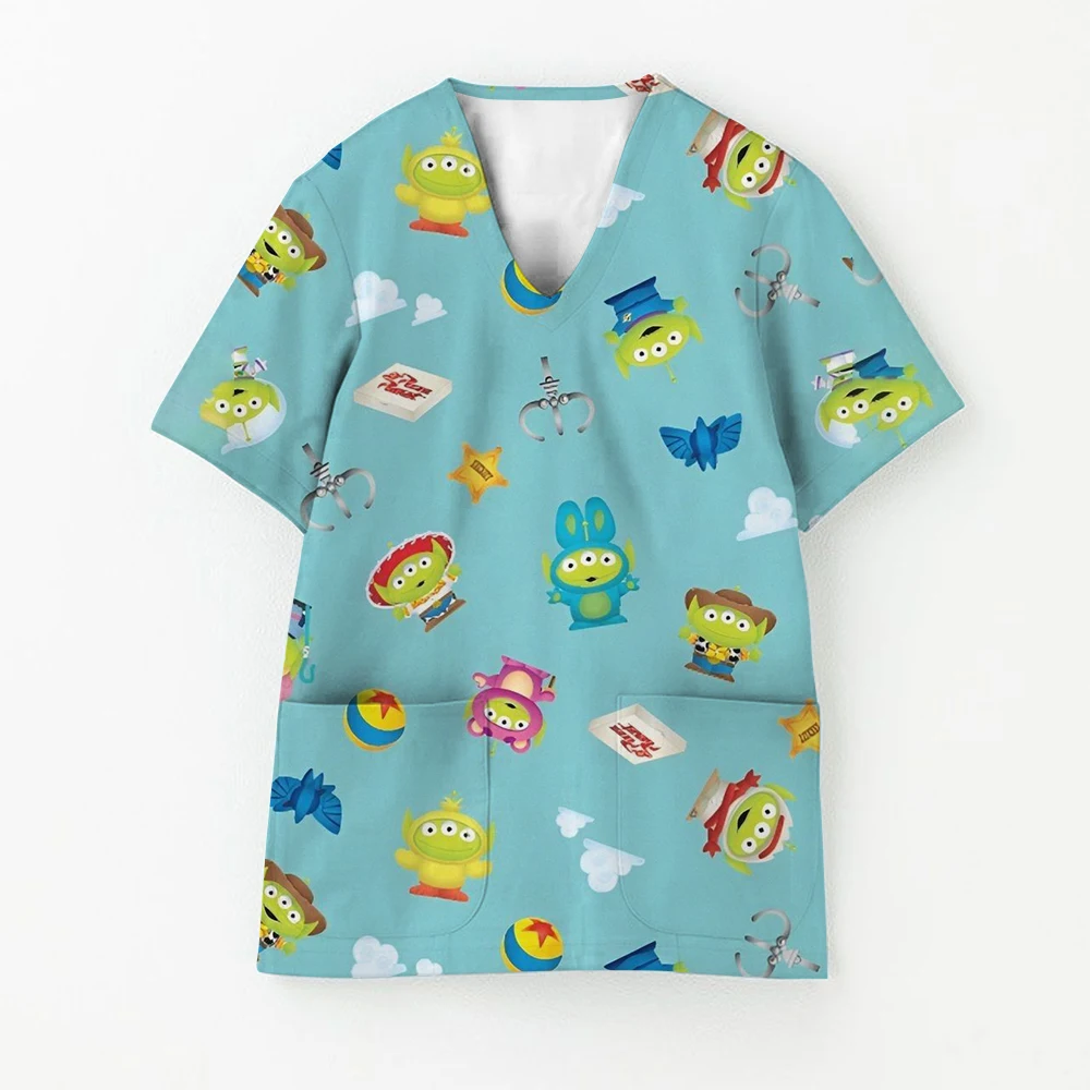 ديزني العلامة التجارية الكرتون طباعة الزي الطبي امرأة الموضة الخامس الرقبة جيب الرعاية الصحية فرك الترفيه طبيب الأسنان موحدة ممرضة امرأة #2